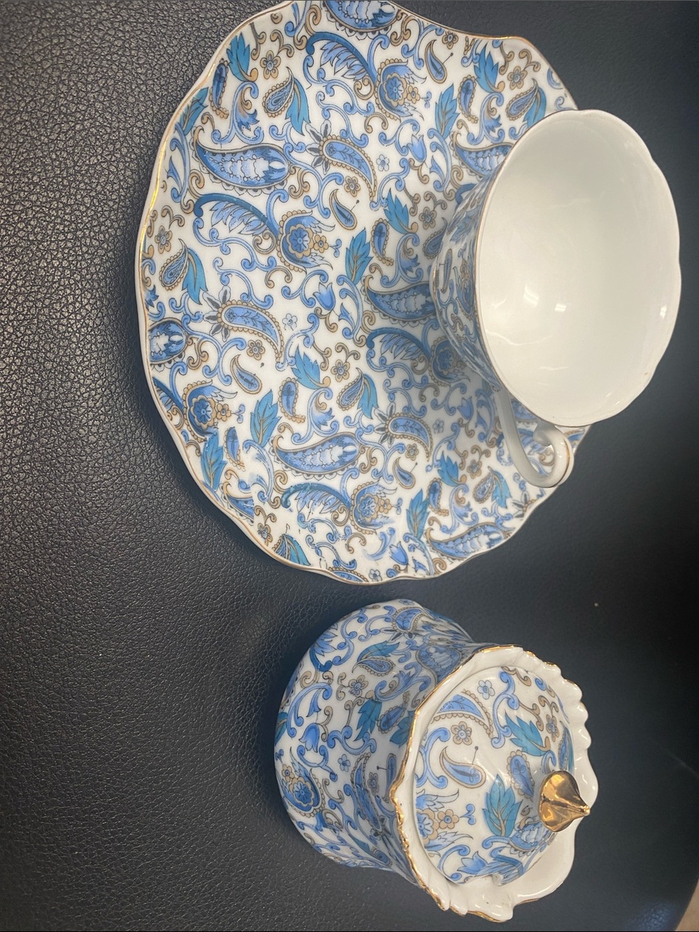 Lefton China Snack Plate & Tea Cup Set Hand Painted Blue Paisley Pattern